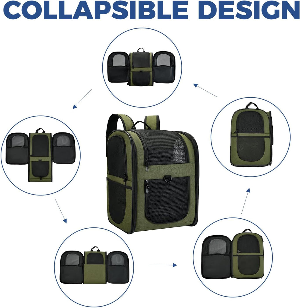 Dog & Cat Carrier Backpack for 4-15Lb Pets - Ventilated Safe Design with Padded Back Support, Breathable Mesh Pet Backpack for Hiking, Travel, Outdoor (Green)