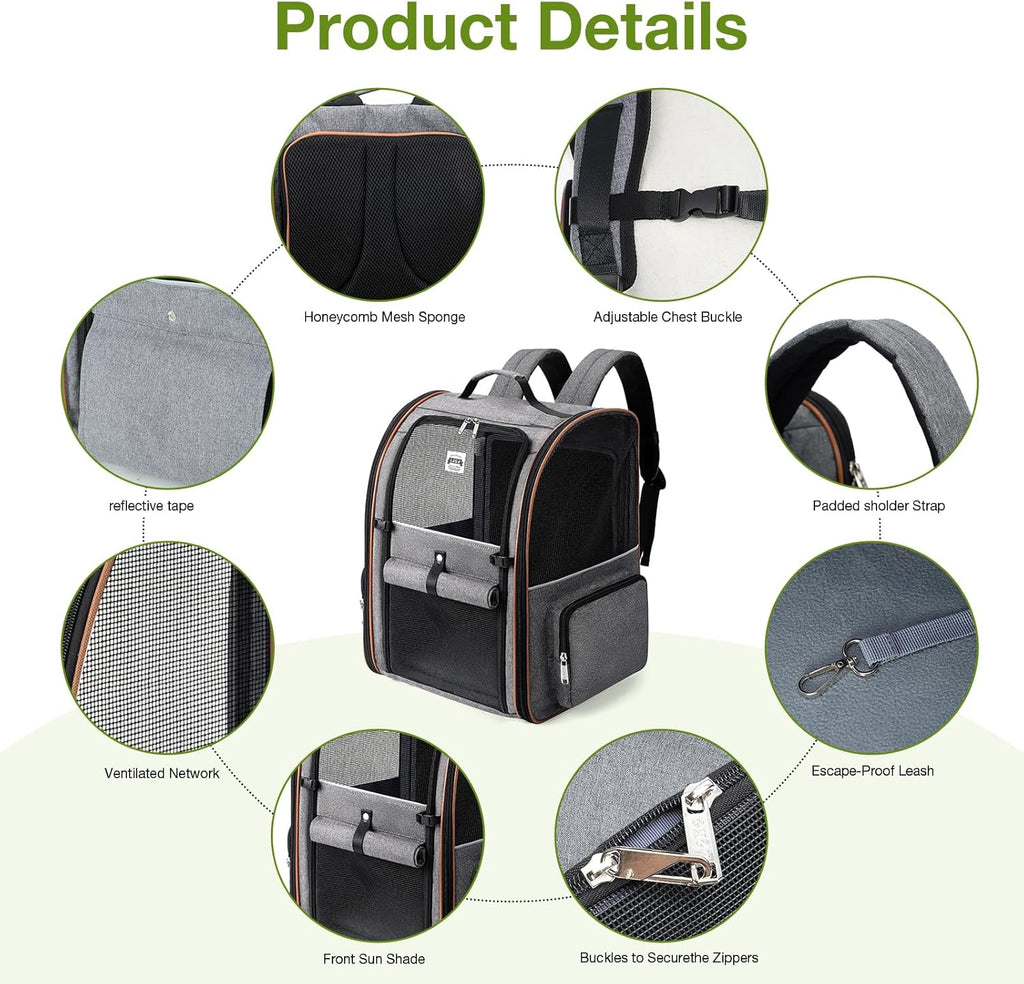 Large Cat Backpack Carrier Expandable for Small Dogs Medium Cats up to 18 Lbs, Foldable for Travel, Hiking, Grey