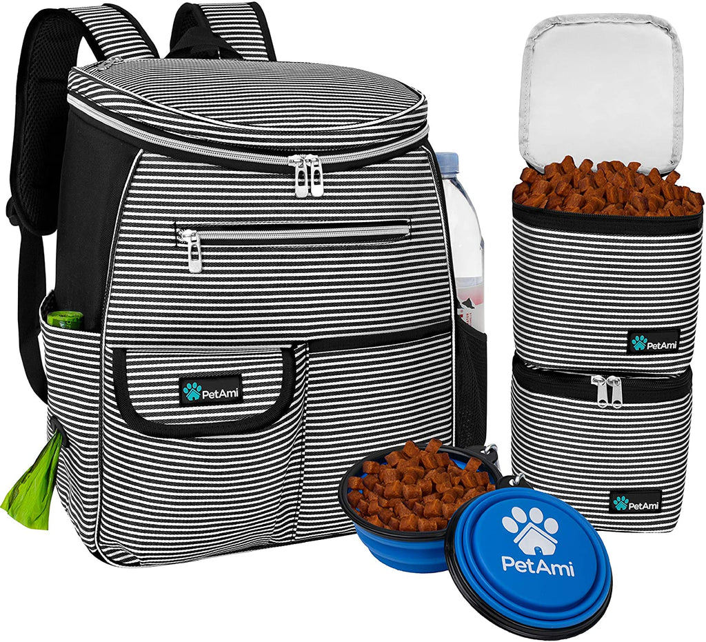 Travel Bag Backpack for Dogs, Airline Approved, Puppy Diaper Supplies, Pet Camping Essentials, Hiking Accessories, Food Container, Collapsible Bowls, Stripe Black