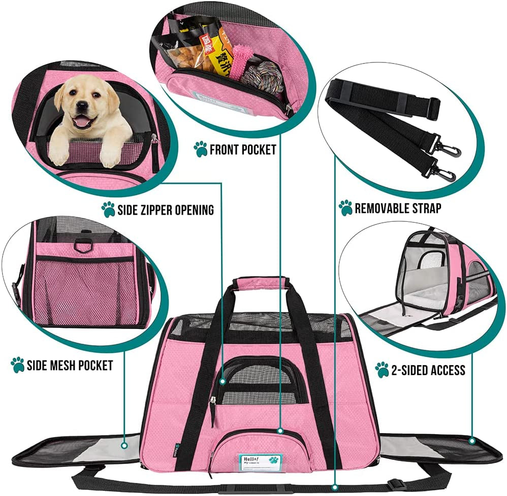 Premium Airline Approved Soft-Sided Pet Travel Carrier | Ventilated, Comfortable Design with Safety Features | Ideal for Small to Medium Sized Cats, Dogs, and Pets (Large, Pink)