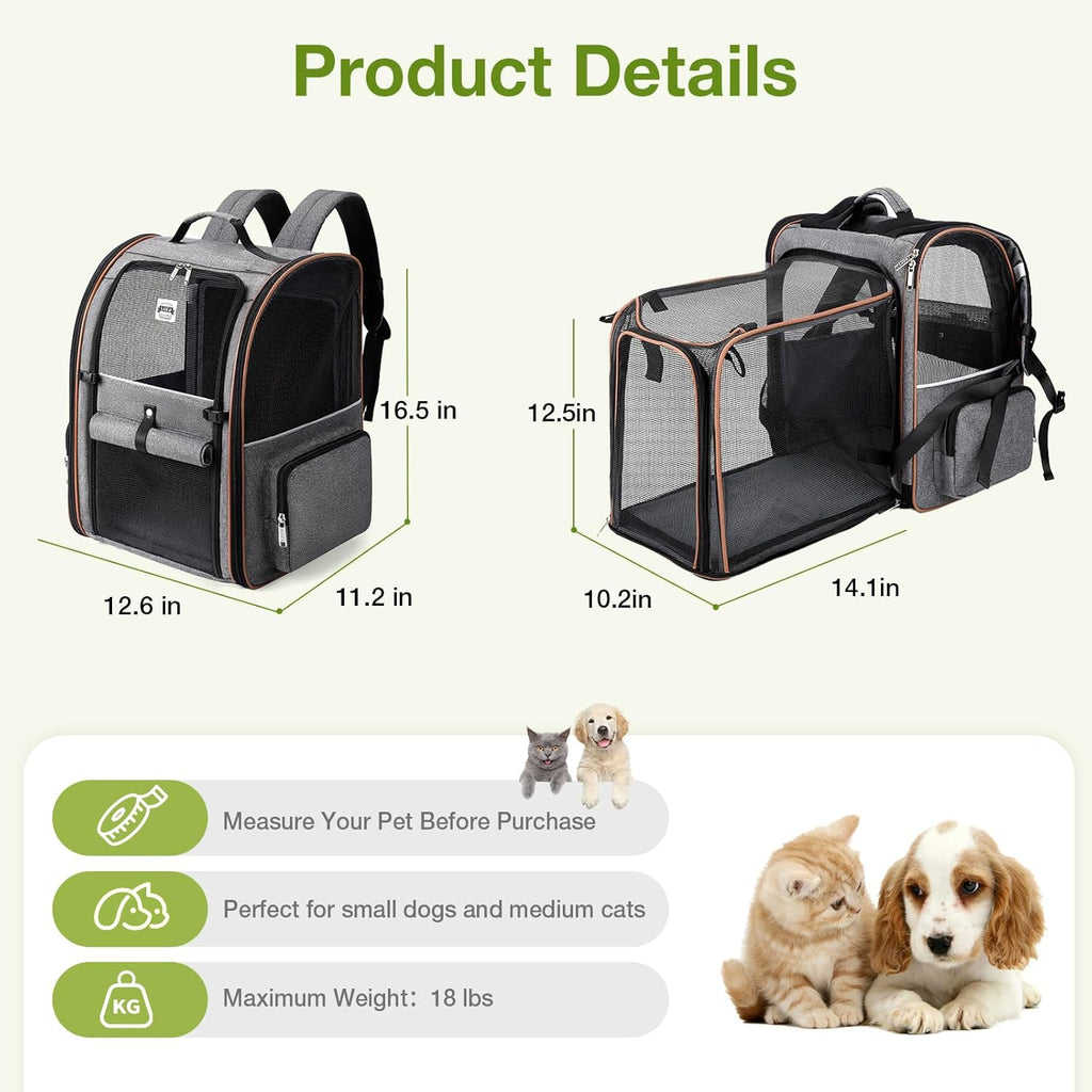 Large Cat Backpack Carrier Expandable for Small Dogs Medium Cats up to 18 Lbs, Foldable for Travel, Hiking, Grey