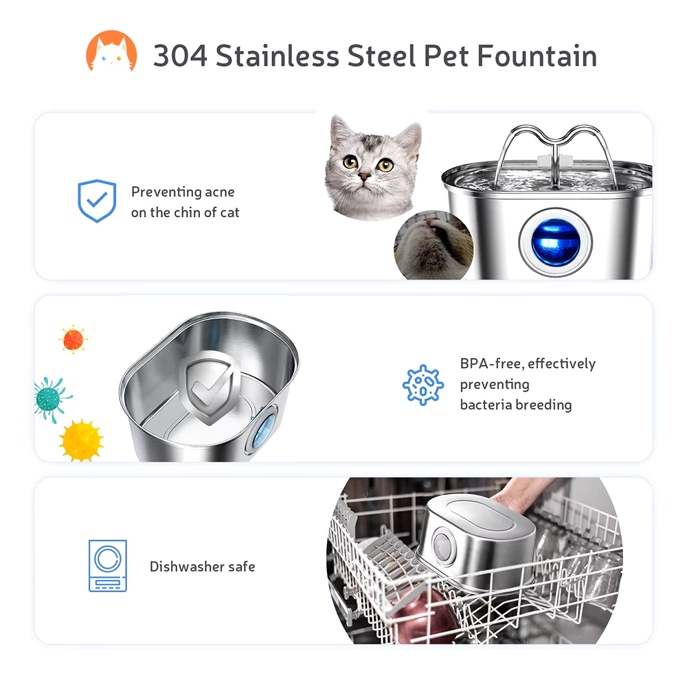 108Oz/3.2L Cat Water Stainless Steel Pets Dispenser with LED Light Silent Pump Automatic Fountain for Cat Dog Drinking Bowl