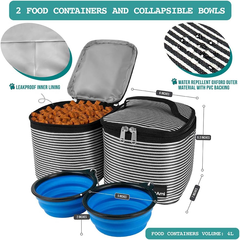 Travel Bag Backpack for Dogs, Airline Approved, Puppy Diaper Supplies, Pet Camping Essentials, Hiking Accessories, Food Container, Collapsible Bowls, Stripe Black